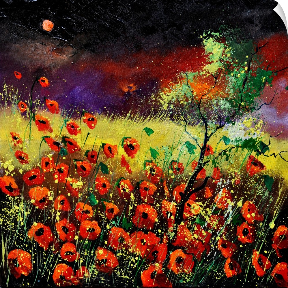Vibrant painting of red poppies in a filed with a dark, red sky in the distance.