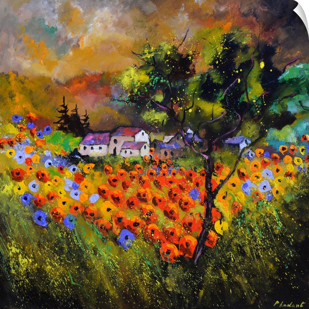 Contemporary painting with a field of poppy flowers in the foreground and a village in the background.