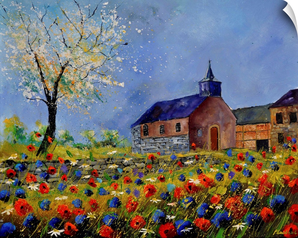 Vibrant colored springtime scene of a church surround by blooming flowers and trees with a blue sky.