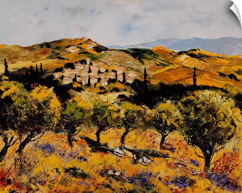 A horizontal abstract landscape of a village with muted textured colors of brown, orange and yellow.