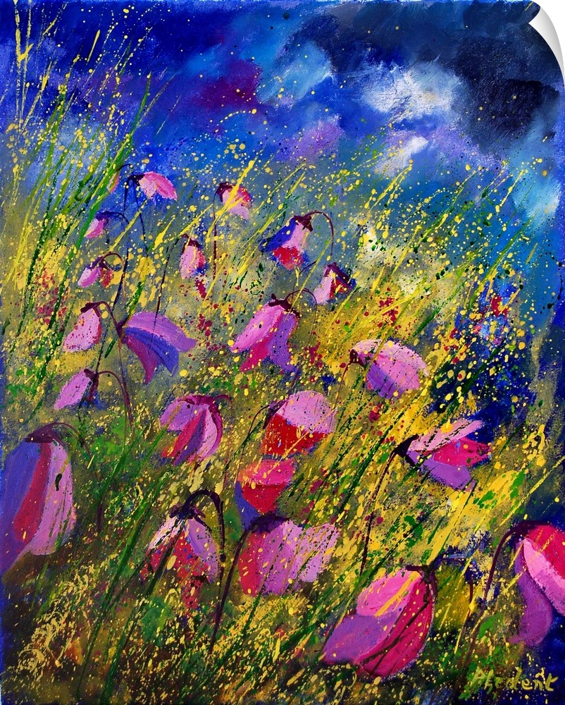 A contemporary textured painting of a filed of purple bellflowers with fine splatters of paint overlapping.