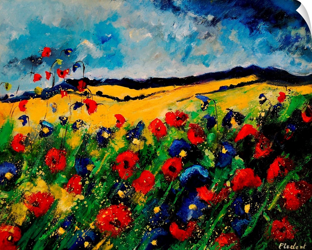 Horizontal painting of a colorful landscape with red and blue poppies in the foreground and rolling hills in the background.