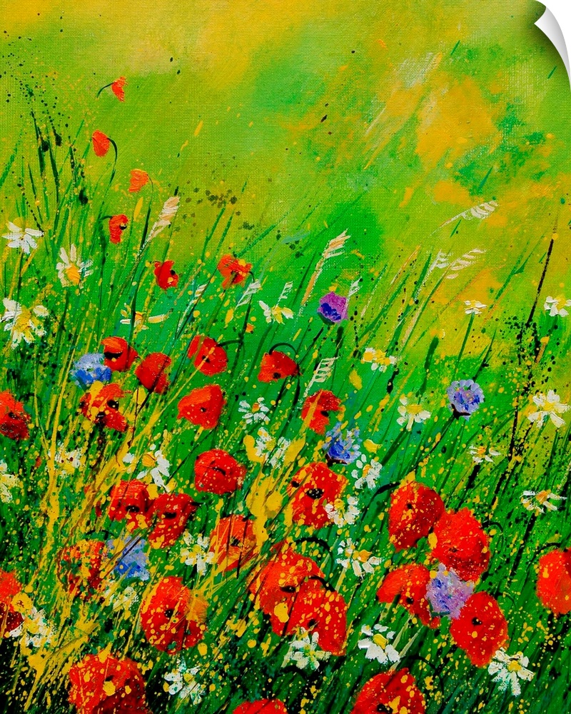 Vertical painting of a field of red poppies along with other wild flowers in bloom.