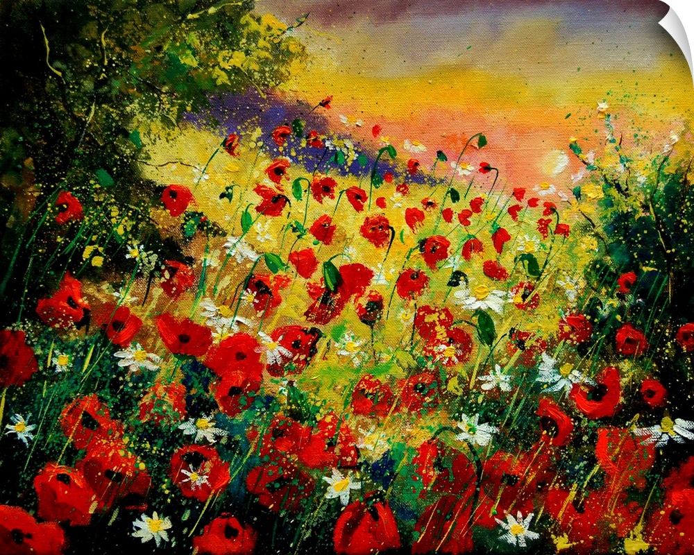 Horizontal painting of a field of red poppies with splatters of multi-color paint overlapping the image.