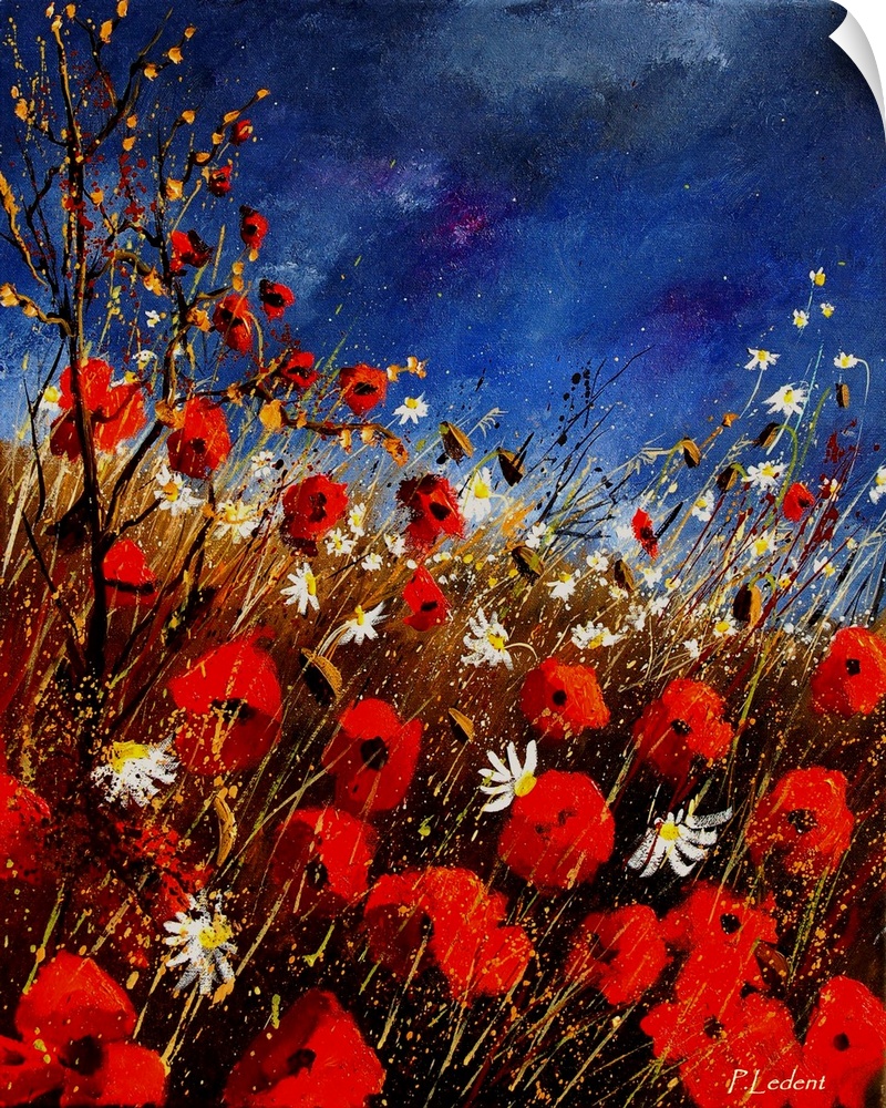Vertical painting of a field of red poppies with splatters of multi-color paint overlapping the image.