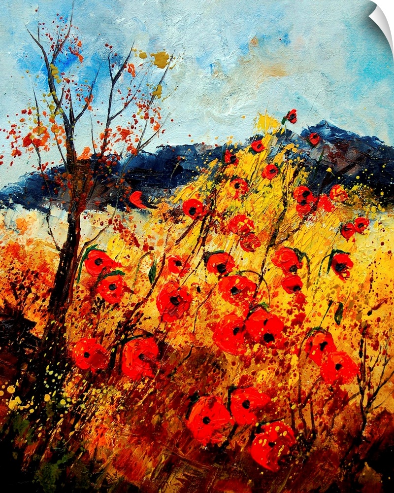 Vertical painting with a field of red poppies in the foreground and a mountain in the background.