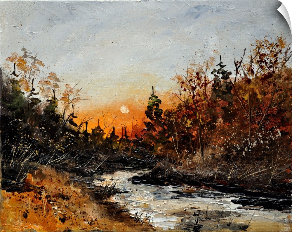 Horizontal painting of the River Lesse winding through the landscape as the sun is setting.