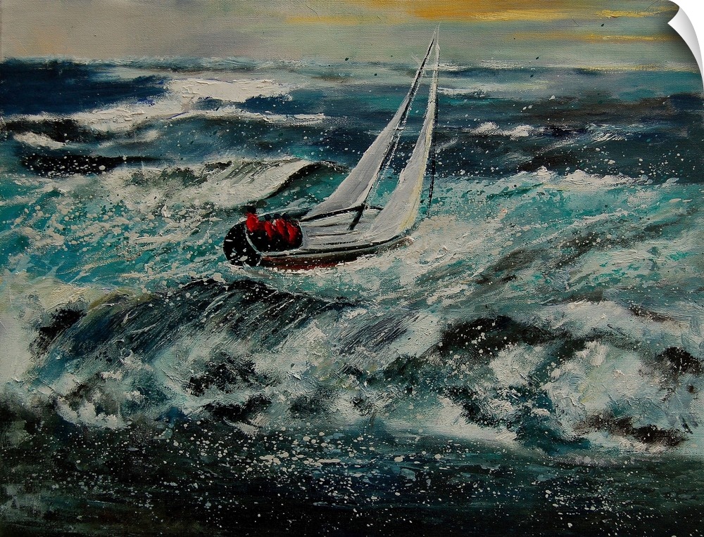A complementary painting of a small sailboat on rough waters.