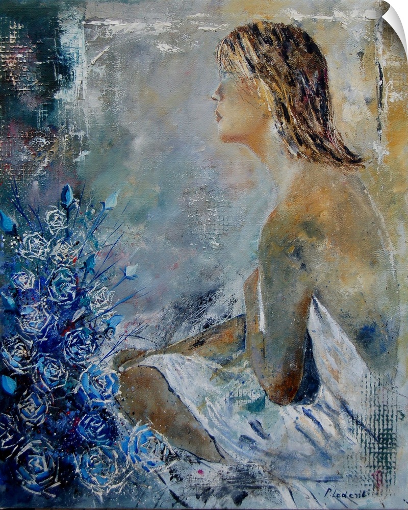 A contemporary painting of female sitting next to blue flowers.