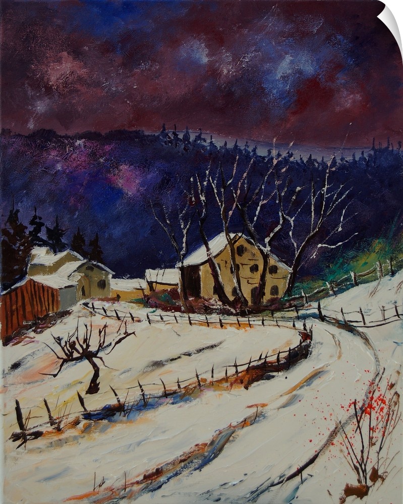 Vertical painting of a road leading to a snow covered village in Belgium in the evening.