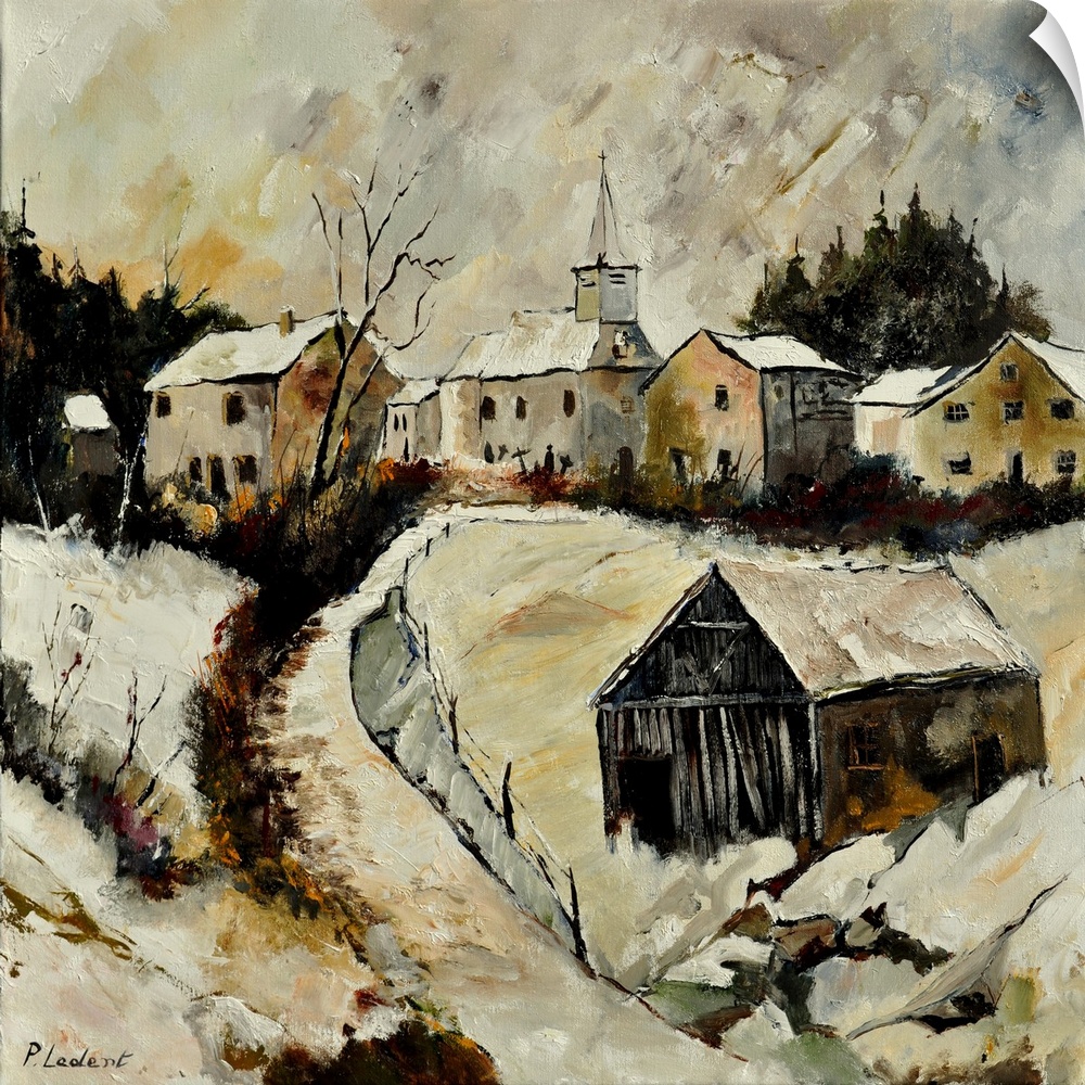 A contemporary painting of a village covered in snow.