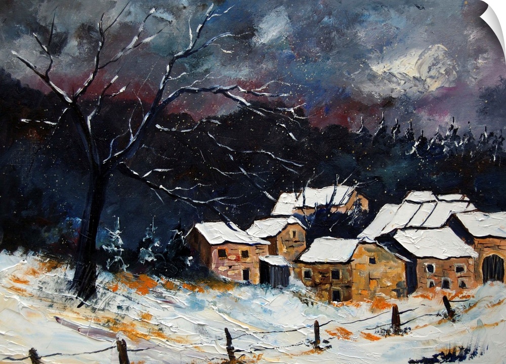 A horizontal abstract landscape of a snowy village at night.