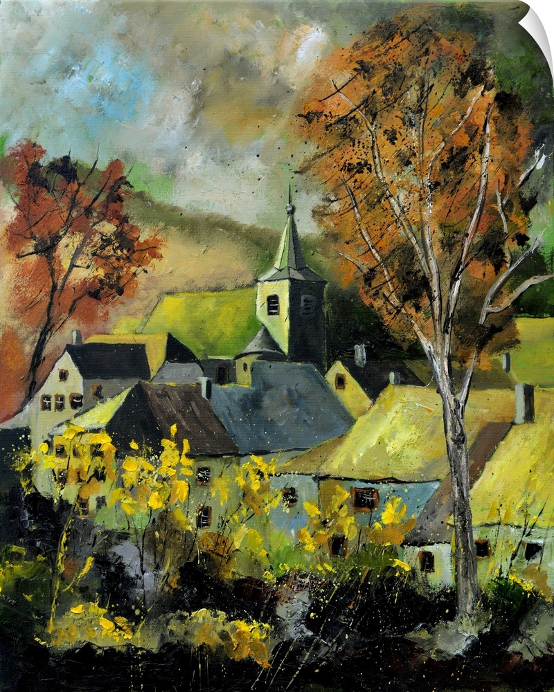 Vertical painting of a darkened landscape with trees in the foreground and a Belgium village in the background with cloudy...