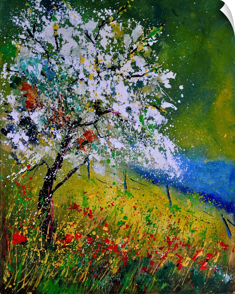 Vertical painting of a tree covered in white blooming flowers along a field of wild flowers on a spring day.