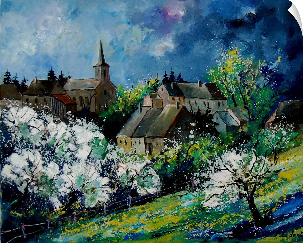 A contemporary painting of a spring day in Fays Famenne, a village in the Belgian.