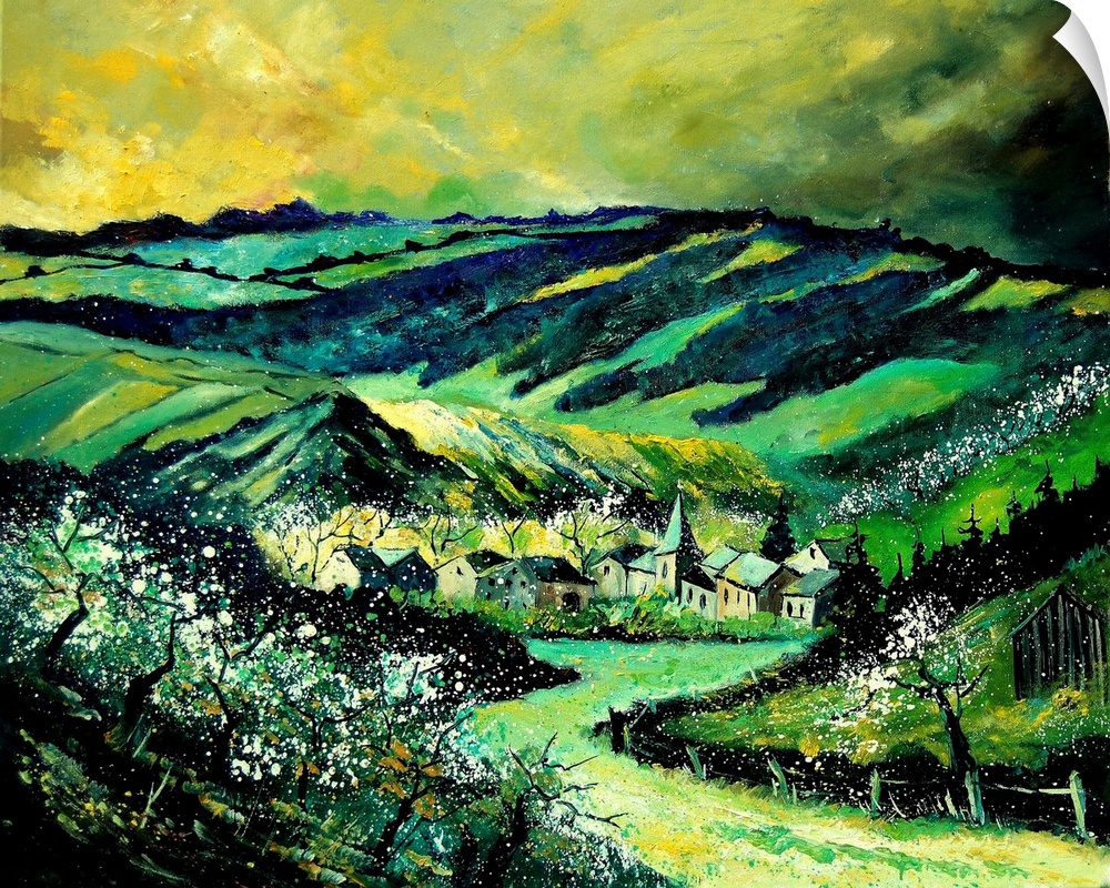A horizontal painting in vibrant colors of green of the village of Ardennes, Belgium.