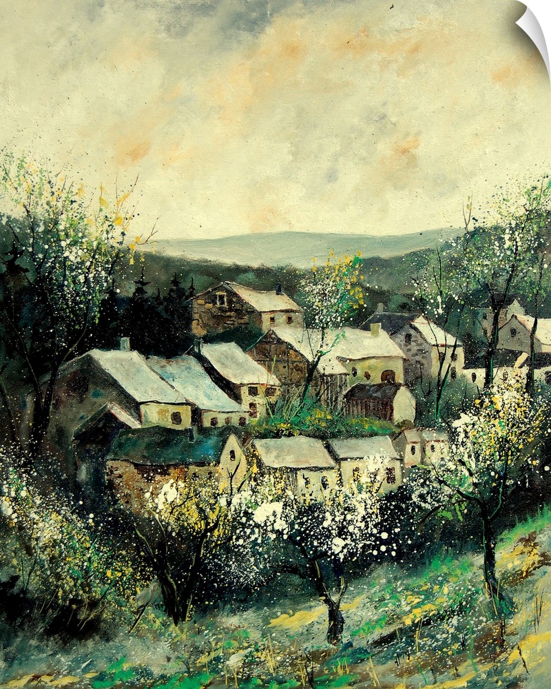 A vertical painting of the the village of Ardennes, Belgium during the springtime.