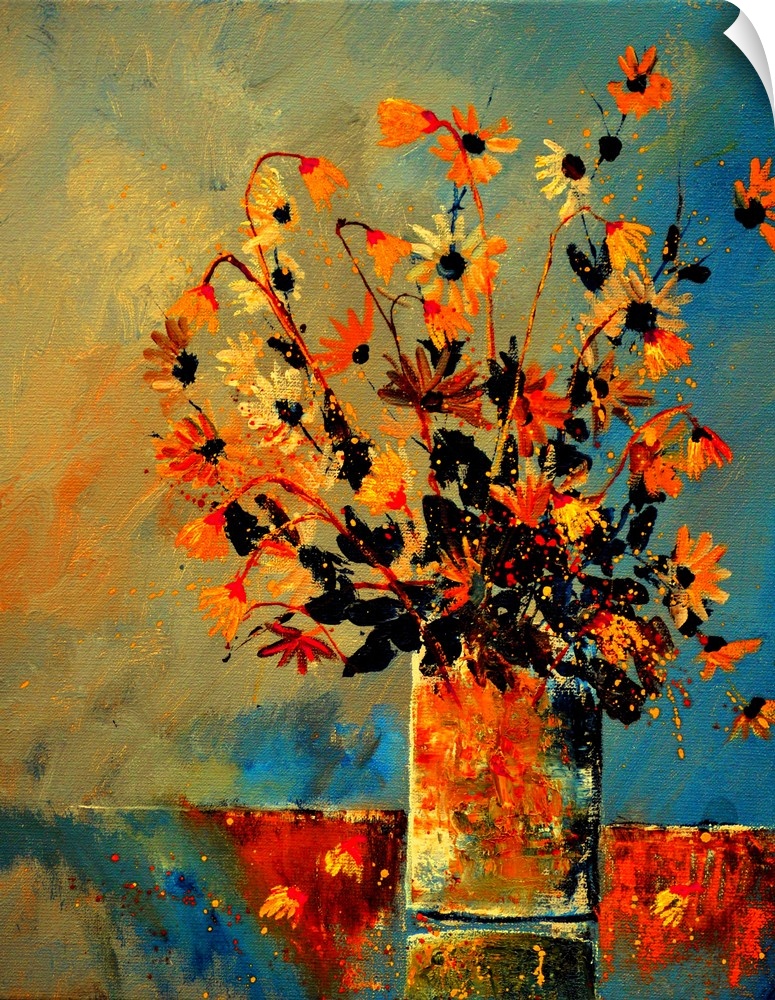 Contemporary painting of a vase of orange flowers against a neutral backdrop.