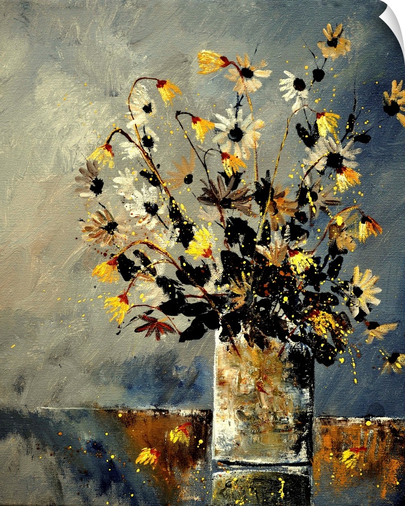 Contemporary painting of a vase of yellow and white flowers against a neutral backdrop.
