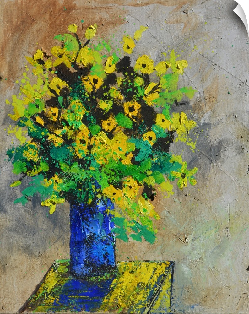 A large bouquet of flowers in bright colors of green and yellow in a blue vase, against of neutral backdrop.