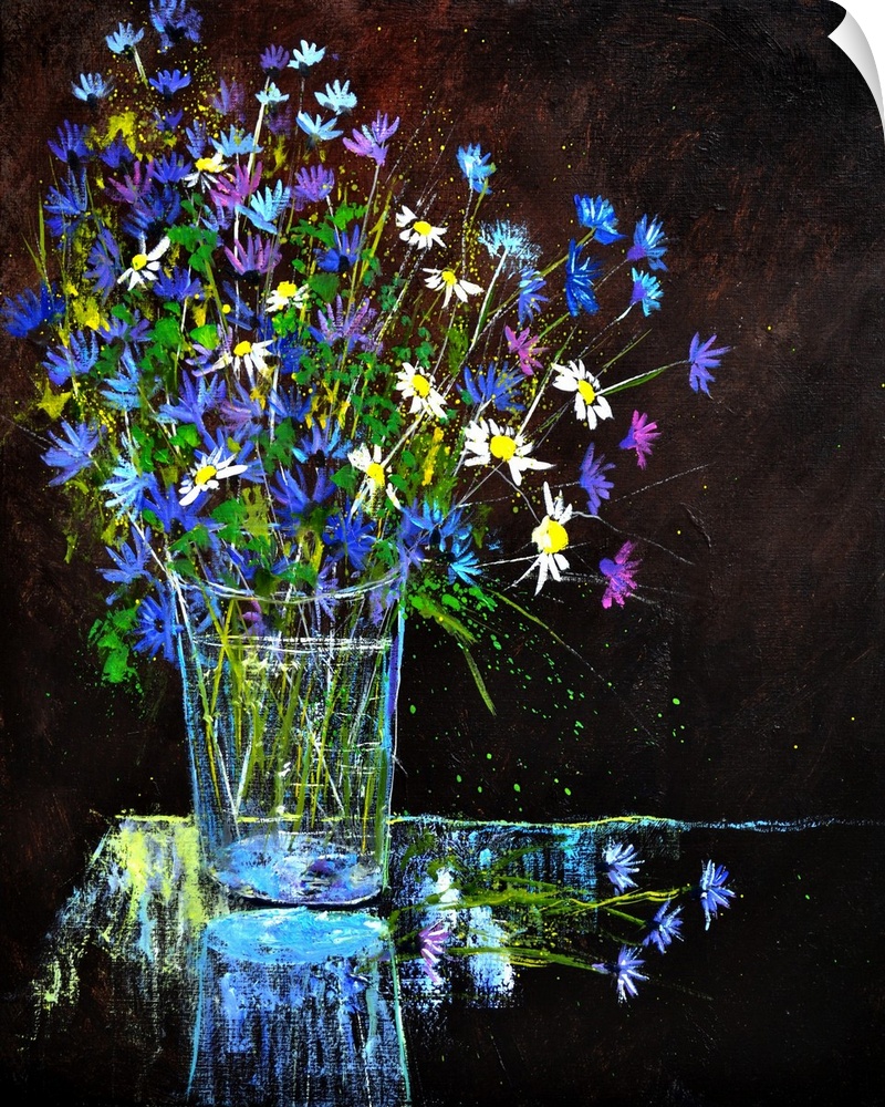 Contemporary painting of a vase of blue and white flowers against a dark backdrop with small splatters of paint overlapping.