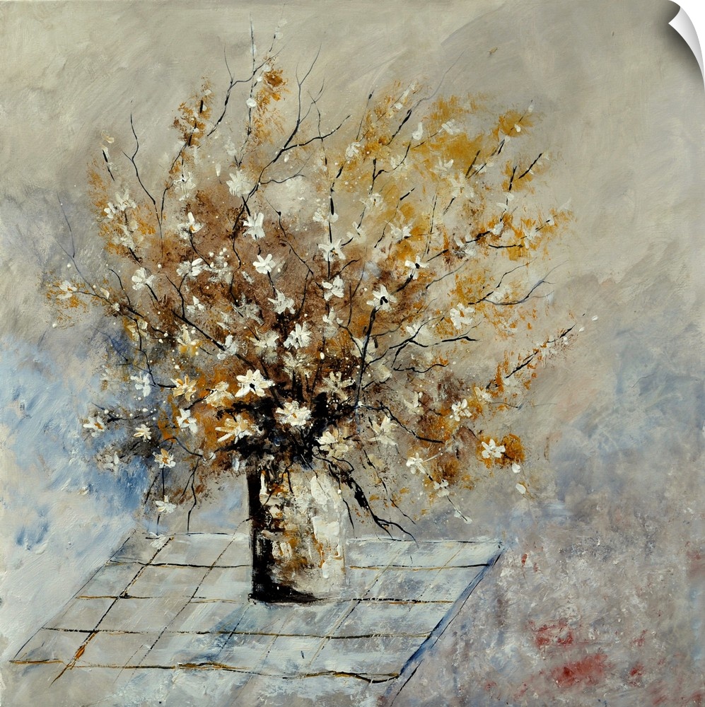 Contemporary painting of a vase of small white flowers on a table against a neutral backdrop.
