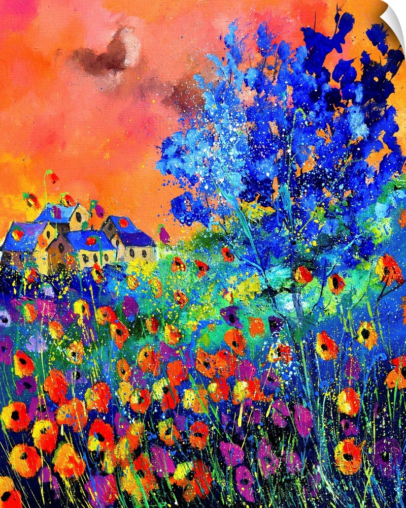 Vibrant colored summertime scene of a house surround by blooming flowers and trees with a bright orange colored sky.