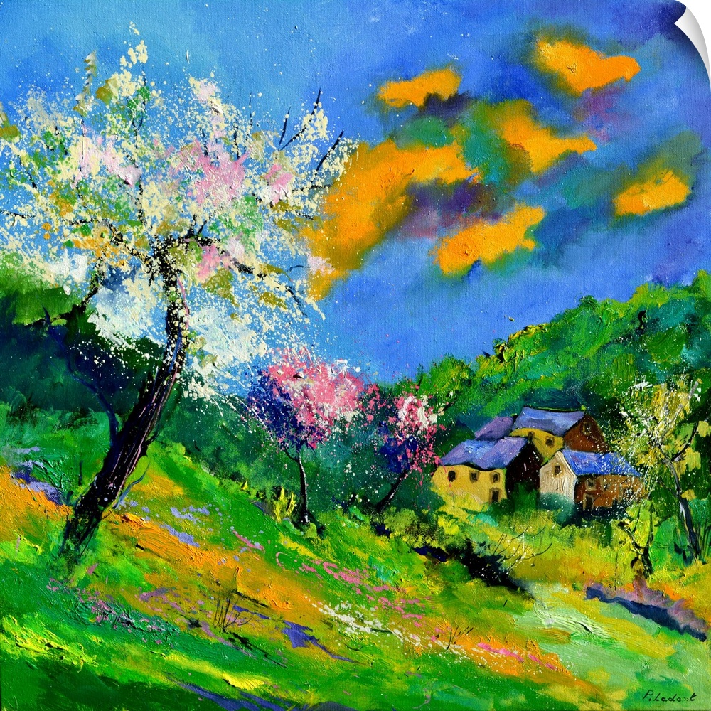 Vibrant painting of a bright Summer day with blossoming trees, a colorful sky, and a village in the distance.