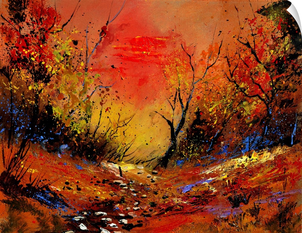 Horizontal painting of a vibrant sunset in the country framed by blooming plants in warm colors.