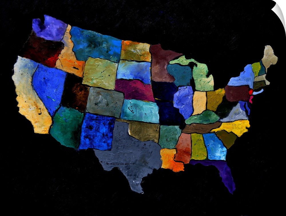 Painting of the United States of America in multi-color paints against a black background.