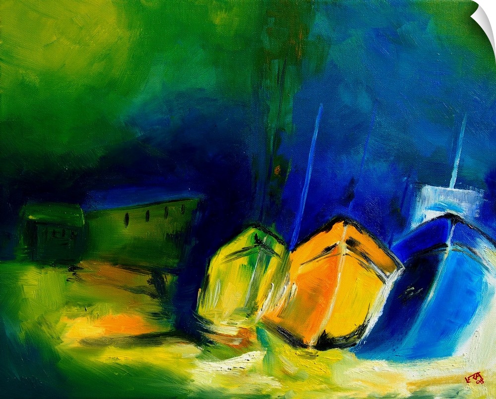 A contemporary abstract painting of three boats at a dock.
