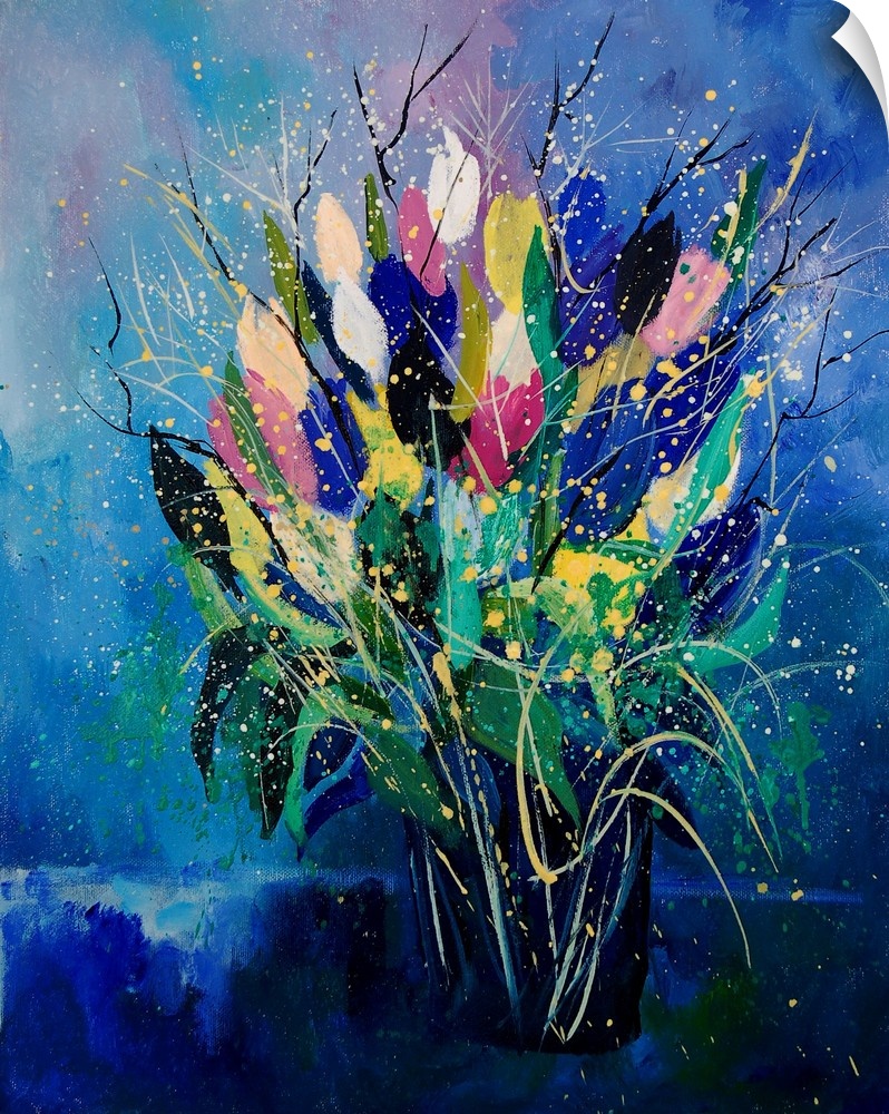 Vertical painting of a bouquet of colorful tulips in a vase against a blue backdrop.