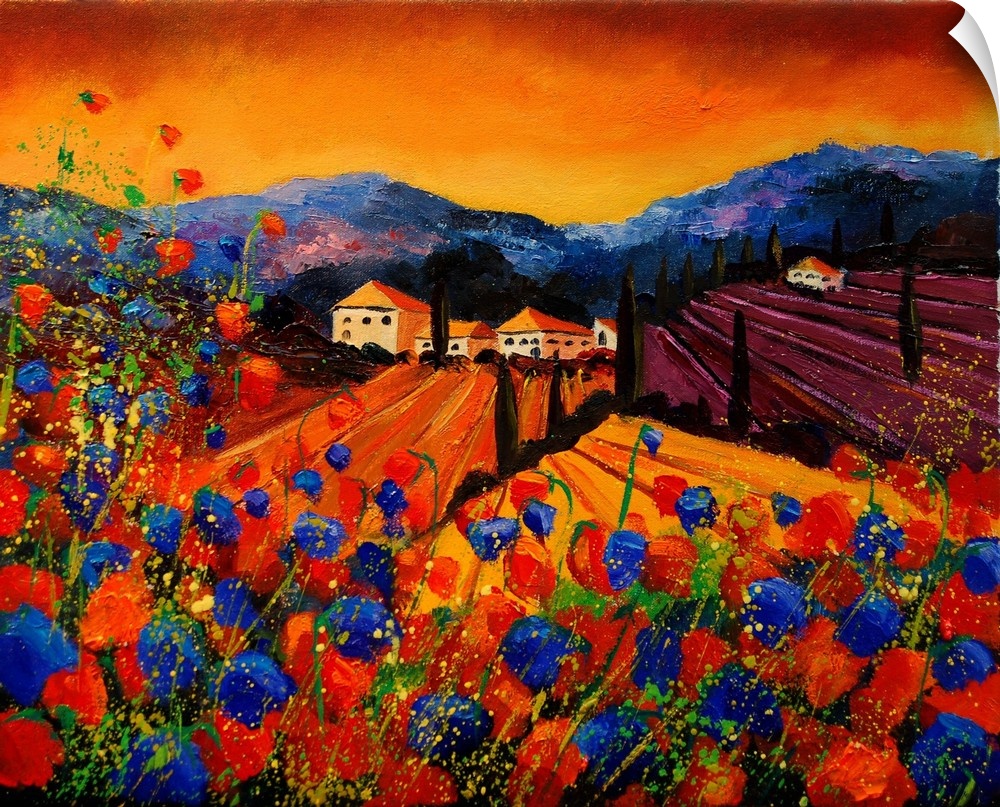 Square painting of a vibrant landscape with red and blue poppies in the foreground and a bright warm sky in the background.