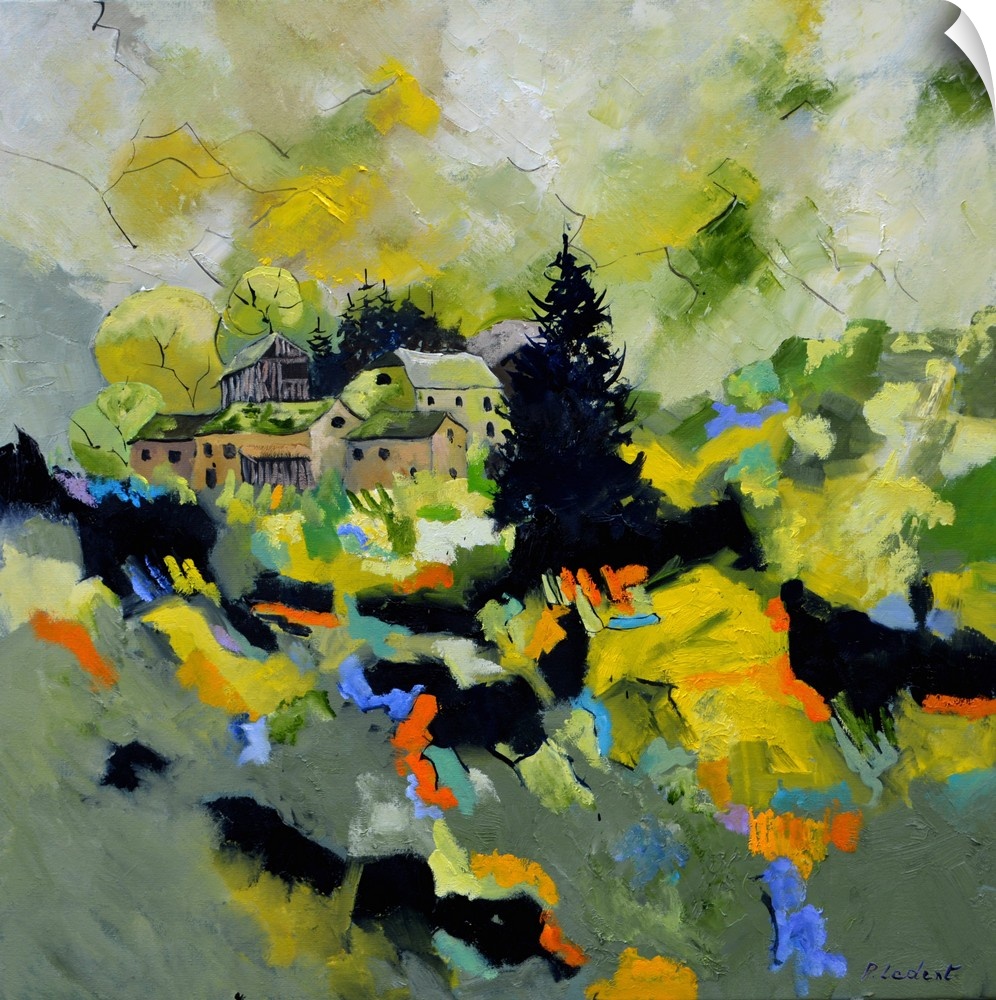 Contemporary painting of a village in Belgium surrounded by an abstract landscape.