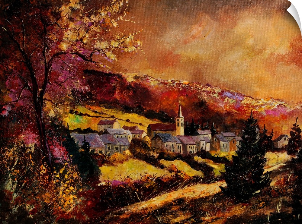 A horizontal painting of the village of Vencimont in Belgium.