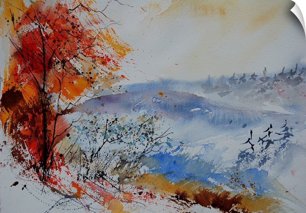 A horizontal watercolor landscape of rolling hills with muted speckled colors of brown, orange and blue.