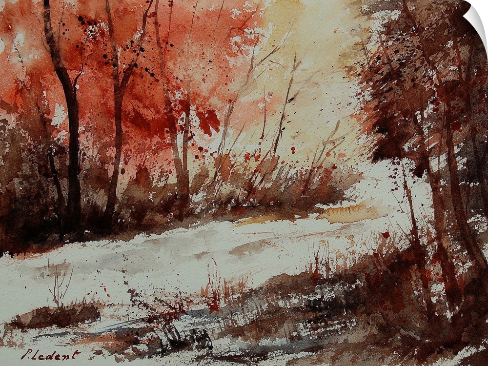 A horizontal watercolor landscape of a road through the forest with muted speckled colors of brown and red.