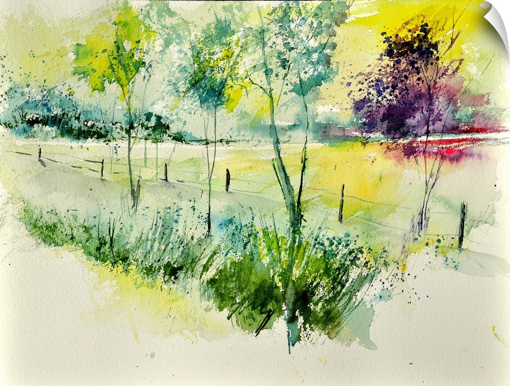 A horizontal watercolor landscape of a fenced in filed with bright speckled colors of green, yellow and red.