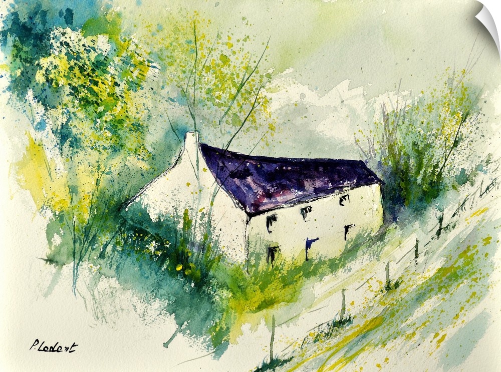 Watercolor painting of trees surrounding a house done in vibrant colors of yellow and green.