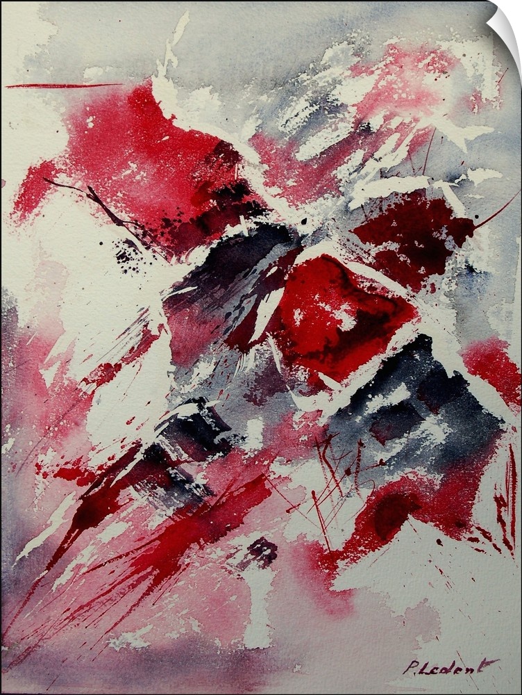 A vertical abstract painting of colors of red, white and black in bold brush strokes and splattered paint.