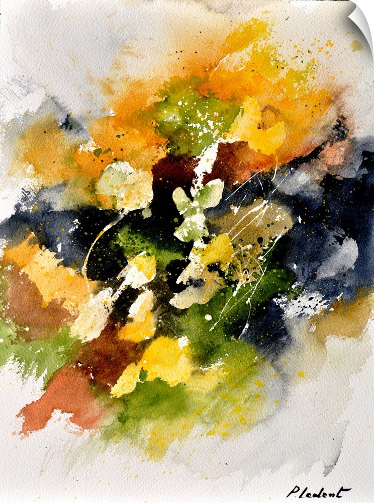Abstract watercolor painting with vibrant hues in shades of orange, yellow, green and white mixed in with black contrastin...