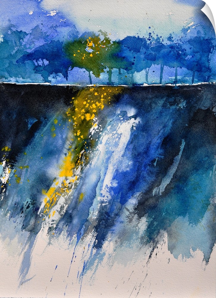 A vertical watercolor landscape in varies shades of blue with yellow accents.