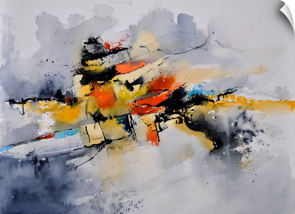 Abstract watercolor painting in blended shades of black, orange, blue and yellow.