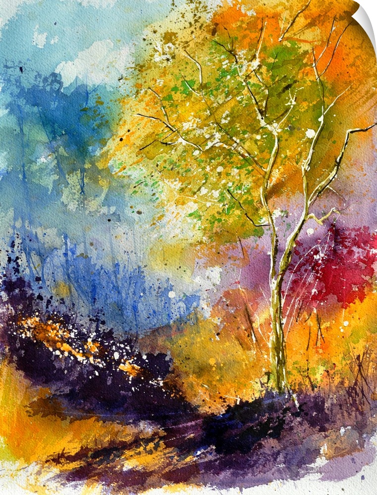 Vertical watercolor painting of vibrant colors in shades of blue, orange and purple.