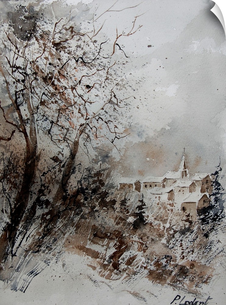 A muted watercolor painting of a village covered in snow.
