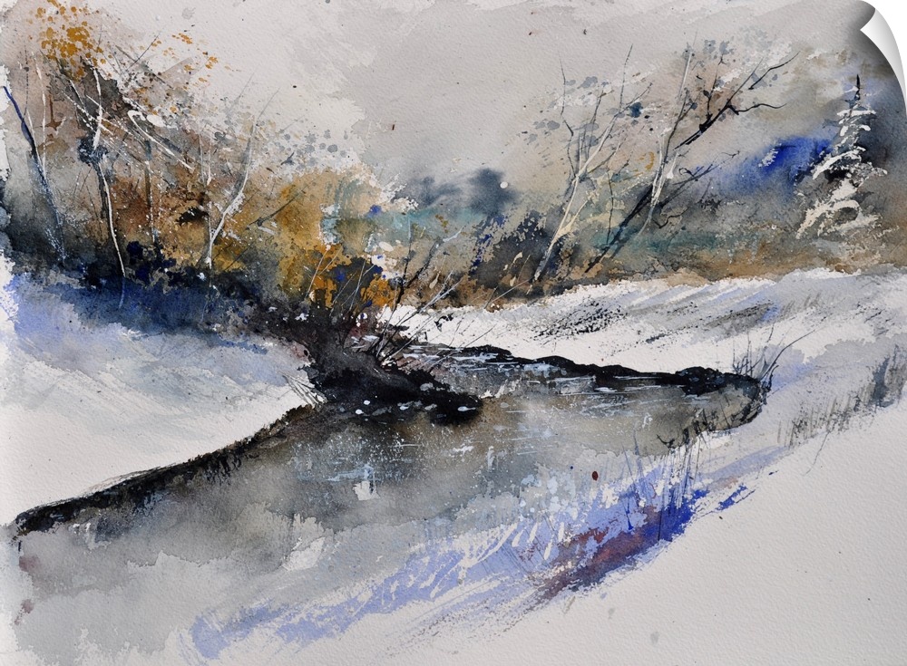Horizontal watercolor painting of a river winding through the woods in neutral colors of gray, blue and brown.