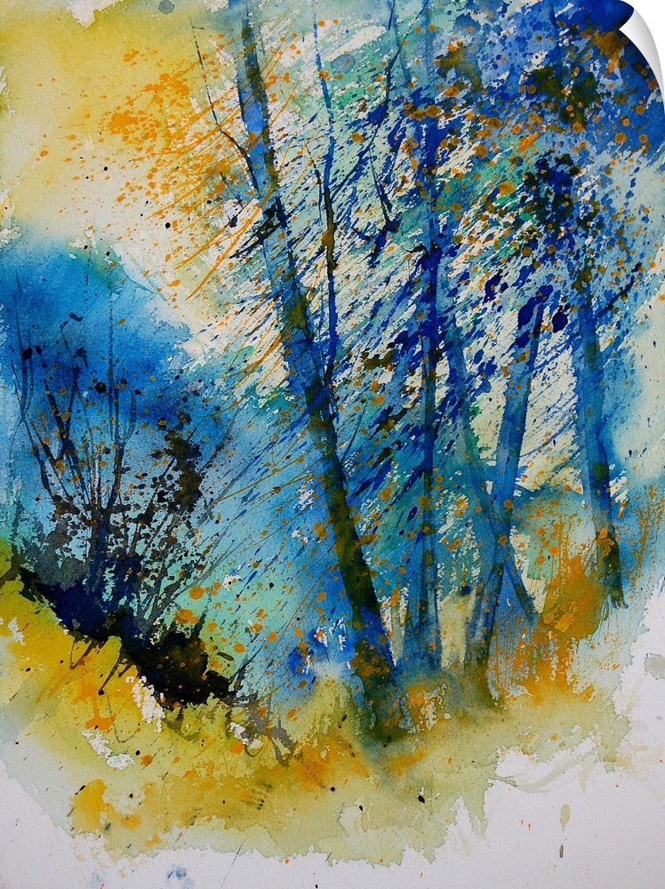 A vertical watercolor landscape of trees in bright colors of yellow and blue.