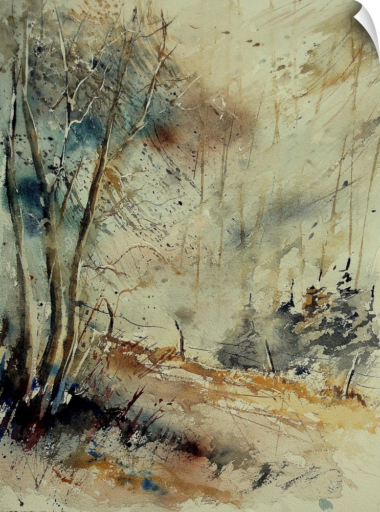A vertical watercolor painting of a line of trees in the countryside in natural colors of brown, gray and blue.