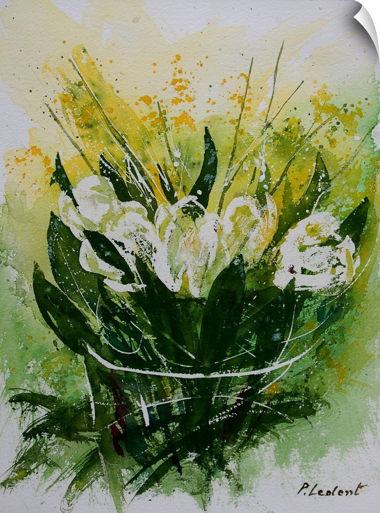 Vertical watercolor painting of a bouquet of white tulips against a green, yellow and white backdrop.