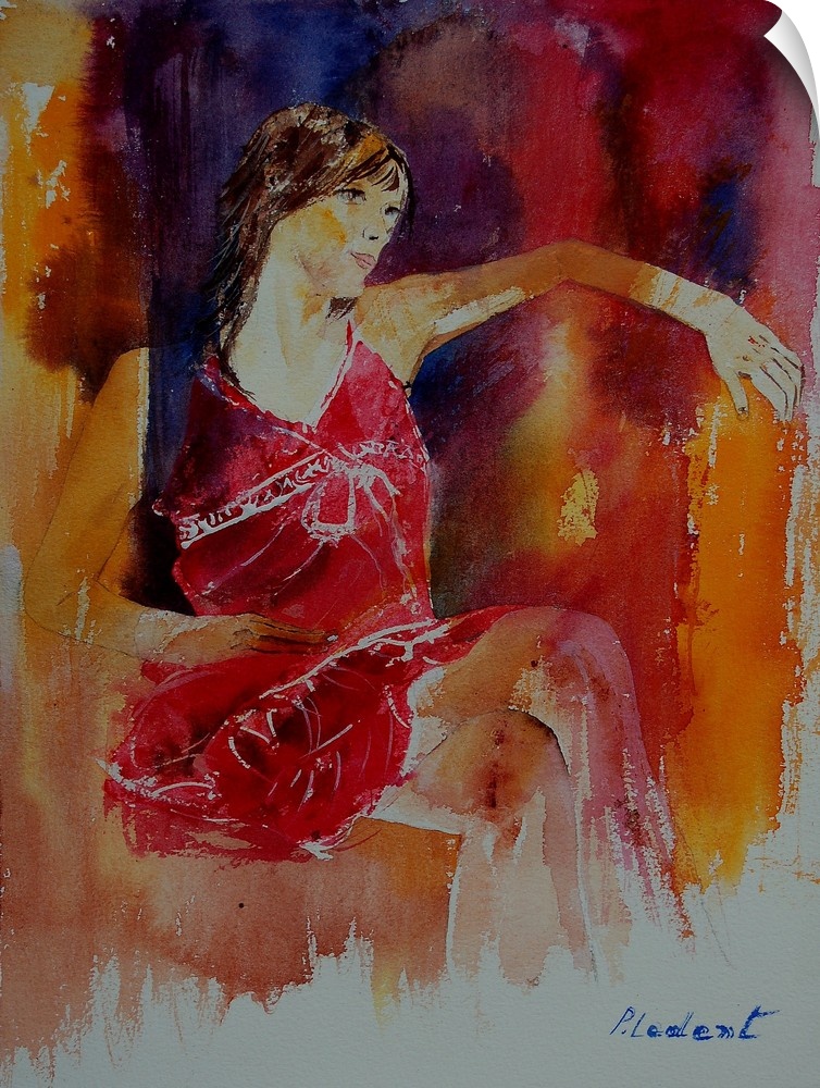 A watercolor portrait of a woman in red sitting in a chair with her arm resting on a ledge.